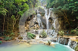 Kouangxi waterfall with wooden bridge at Luang Prabang in Laos