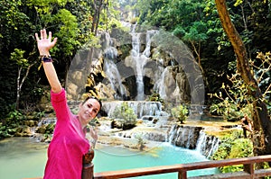 Kouangxi waterfall with wooden bridge at Luang Prabang in Laos