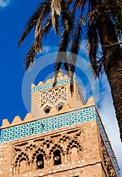 Koutoubia minaret made from golden bricks in centrum of medina