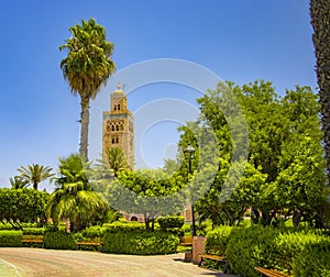 Koutoubia Mosque minaret at medina quarter of Marrakesh, Morocco. There is beautiful green garden with palms. Blue sky is in the