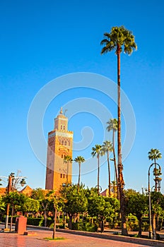 Koutoubia Mosque minaret in old medina  of Marrakesh, Morocco