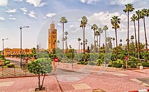 The Koutoubia Mosque with palm trees .This is the largest mosque in Marrakesh,Morocco