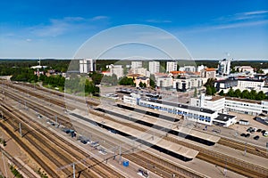 Kouvola, Finland - 4 June 2021: Aerial view of Kouvola railway station and city center