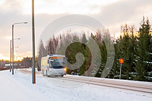 KOUVOLA, FINLAND - DECEMBER 26, 2018: Passenger bus in the road in Kouvola, winter Kymenlaakso, Finland