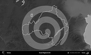 Kozani Regional Unit outlined, Greece. Grayscale