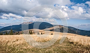 Kozi chrbat in Starohorske vrchy and Prasiva and Velka Chochula in NIzke Tatry from Kecka in Starohorske vrchy mountains in Slovak