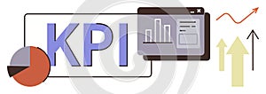 KPI Dashboard with Analytics Chart, Pie Graph, and Arrows Representing Growth and Performance Tracking