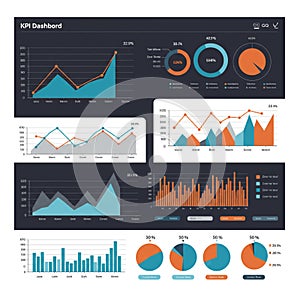KPI dashboard featuring various data visualizations, including line graphs, bar charts,