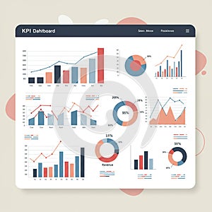 KPI dashboard with various data visualizations, including bar charts, line graphs, and