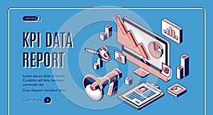 KPI data report isometric landing page, banner