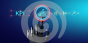 KPI Key performance indicator business technology concept. Robotic arm 3d rendering.