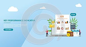 Kpi key performance indicator concept website banner template with business report graphic and people team - vector