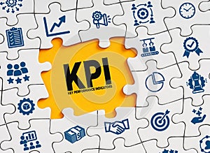 KPI key performance indicator concept. The word KPI in a missing puzzle piece with business symbols