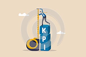 KPI, key performance indicator measurement to evaluate success or meet target, metric or data to review and improve business
