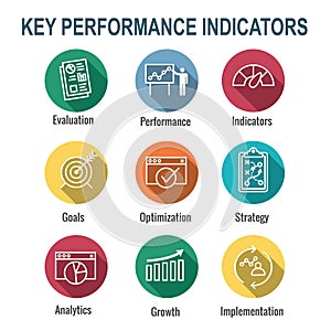 KPI - Key Performance Indicators Icon set with Evaluation, Growth, Strategy, etc photo