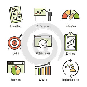 KPI - Key Performance Indicators Icon set with Evaluation, Growth, & Strategy, etc