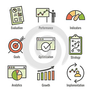 KPI - Key Performance Indicators Icon set with Evaluation, Growth, & Strategy, etc photo