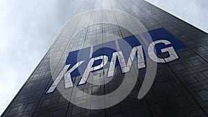 KPMG logo on a skyscraper facade reflecting clouds. Editorial 3D rendering