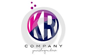 KR K R Circle Letter Logo Design with Purple Dots Bubbles