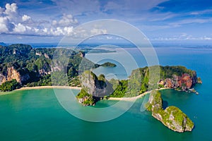 Krabi - Railay beach seen from a drone. One of Thailand& x27;s most famous luxurious beach photo