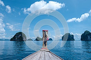 Krabi Thailand, view from a traditional longtail boat at the tropical islands of Koh Hong Krabi