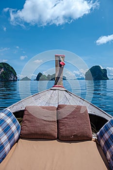 Krabi Thailand, view from a traditional longtail boat at the tropical islands of Koh Hong Krabi