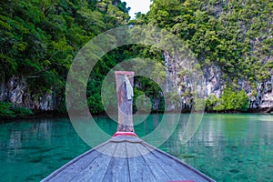 Krabi Thailand, view from a traditional longtail boat at the tropical islands of Koh Hong Krabi