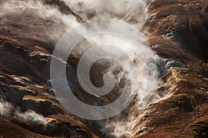 Krafla is a volcanic system with a diameter of approximately 20 kilometers situated in the region of MÃ½vatn, north of Iceland