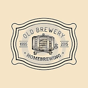 Kraft beer barrel logo. Old brewery icon. Hand sketched keg illustration. Vector vintage lager, ale label or badge.