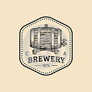 Kraft beer barrel logo. Old brewery icon. Hand sketched keg illustration. Vector vintage lager, ale label or badge.