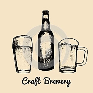 Kraft beer bottle and glasses illustration. Vector old brewery image. Retro ale, lager icon with hand sketched two mugs.