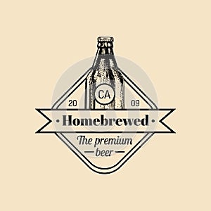 Kraft beer bottle logo. Lager retro sign. Hand sketched ale illustration. Vector vintage homebrewing label or badge.