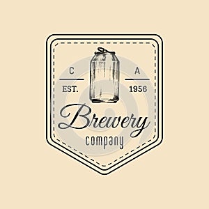 Kraft beer can logo. Old brewery icon. Lager retro sign. Hand sketched ale illustration. Vector vintage label or badge.