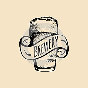 Kraft beer glass logo. Lager cup retro sign. Hand sketched ale illustration. Vector vintage homebrewing label or badge.