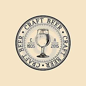 Kraft beer glass logo. Old brewery icon. Lager cup retro sign. Hand sketched ale illustration. Vector vintage label.