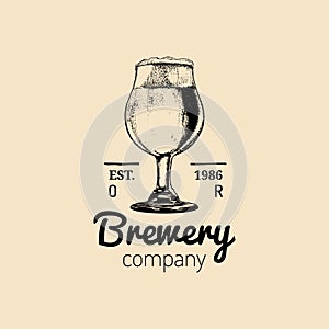 Kraft beer glass logo. Old brewery icon. Lager cup retro sign. Hand sketched ale illustration. Vector vintage label etc.