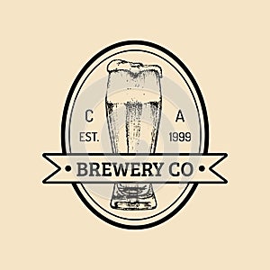 Kraft beer glass logo. Old brewery icon. Lager cup retro sign. Hand sketched ale illustration. Vector vintage label etc.