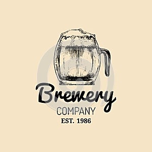 Kraft beer mug logo. Lager cup retro sign. Hand sketched ale glass illustration. Vector vintage homebrewing label,badge.