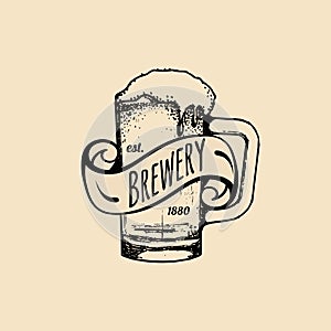 Kraft beer mug logo. Lager cup retro sign. Hand sketched ale illustration. Vector vintage homebrewing label or badge.