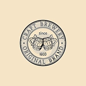 Kraft beer mugs logo. Lager cups retro sign. Hand sketched ale illustration. Vector vintage homebrewing label or badge.