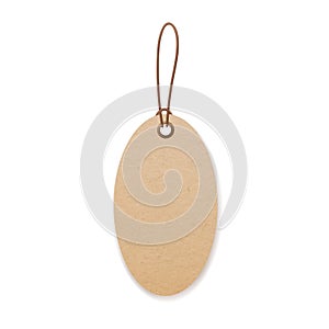 Kraft cardboard tag with loop, hanging on string. Craft paper label on tied twine, cord. Blank beige carton badge mock