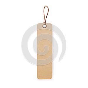 Kraft cardboard tag on string with loop. Craft paper label hanging on tied twine, cord. Blank carton badge mockup of