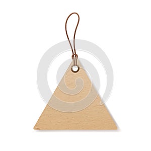 Kraft cardboard triangle label hanging on string. Craft paper tag on twine with loop. Blank carton beige badge on thread