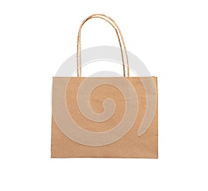 Kraft paper bag with handles. Brown beige pack, package isolated on white background