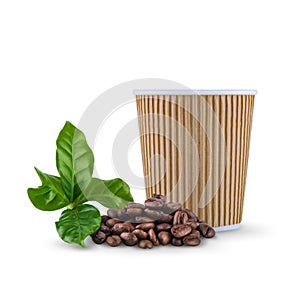 Kraft paper coffee cup coffee beans on white background