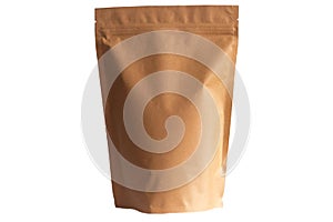 Kraft paper doypack pouch with zipper on white background