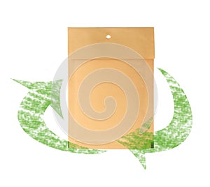 Kraft paper envelope and green arrows on white background. Recycling concept