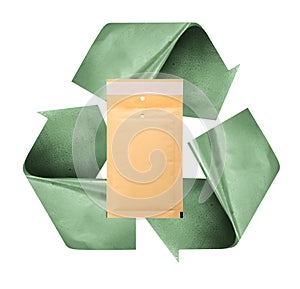 Kraft paper envelope and recycling symbol on white background
