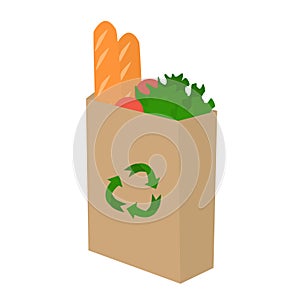 Kraft paper gr cery bag with fresh vegetables and bread. Flat illustration. Oganic, eco and naturale concept