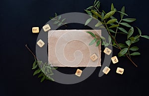 Kraft paper mockup template on black background with magical mysterious mood.